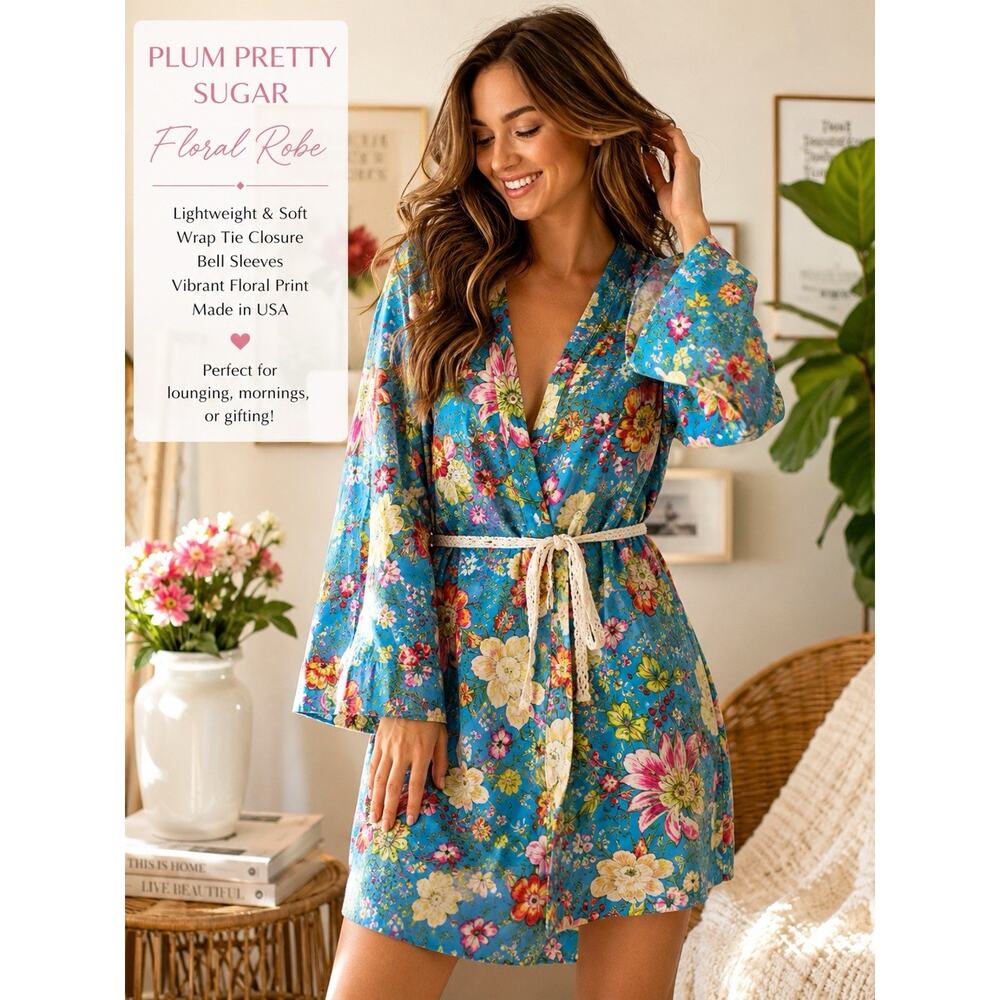 Plum Pretty Sugar 100% Cotton Floral Kimono Robe Loungewear Boho Medium